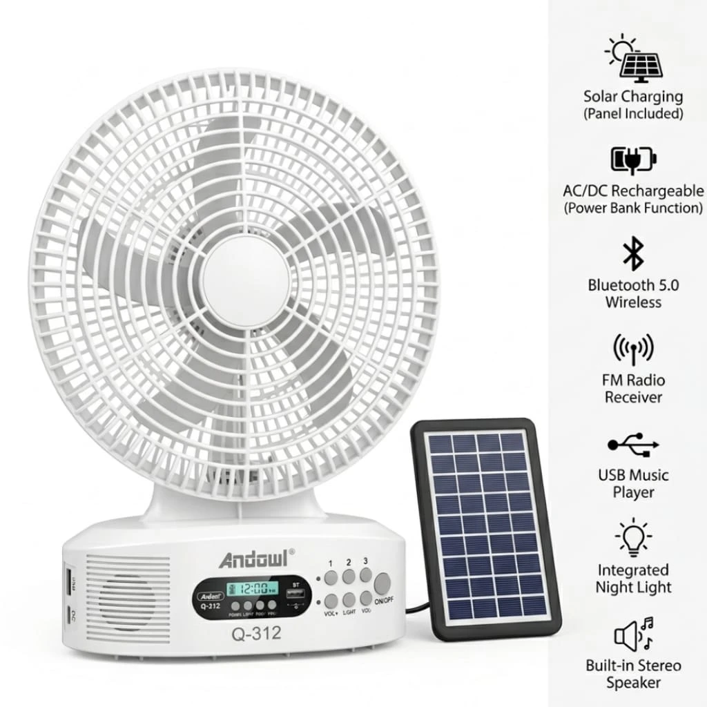 Andowl 12-Inch Rechargeable Solar Powered Fan & Bluetooth Speaker | Includes Solar Panel | Complete Loadshedding Solution South Africa