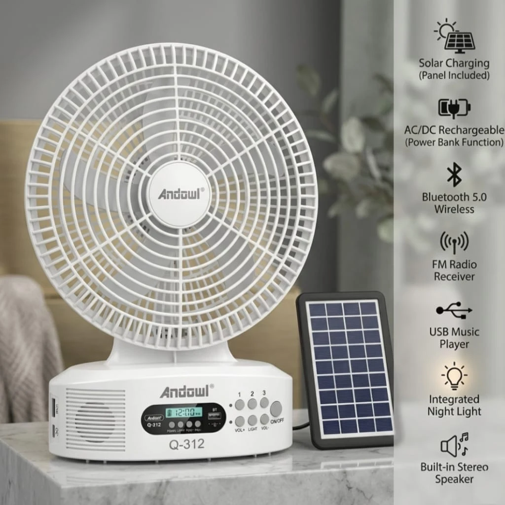 Andowl 12-Inch Rechargeable Solar Powered Fan & Bluetooth Speaker | Includes Solar Panel | Complete Loadshedding Solution South Africa