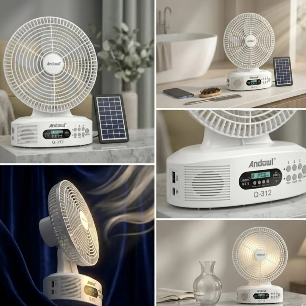 Andowl 12-Inch Rechargeable Solar Powered Fan & Bluetooth Speaker | Includes Solar Panel | Complete Loadshedding Solution South Africa