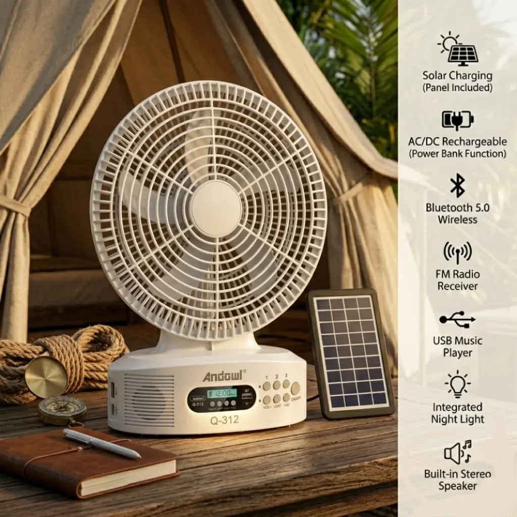 Andowl 12-Inch Rechargeable Solar Powered Fan & Bluetooth Speaker | Includes Solar Panel | Complete Loadshedding Solution South Africa
