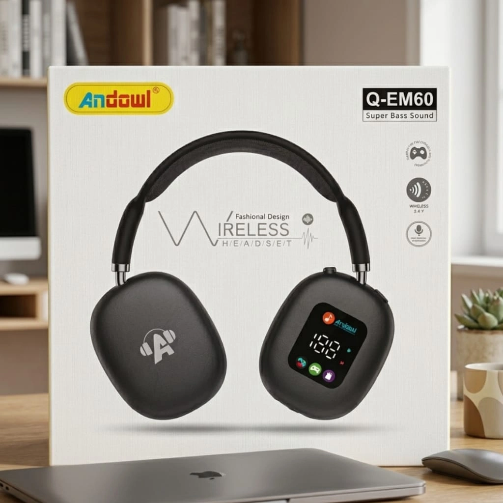 Andowl Q-EM60 Wireless Over-Ear Headphones with LED Battery Display, Super Bass, and Bluetooth 5.4 connection.