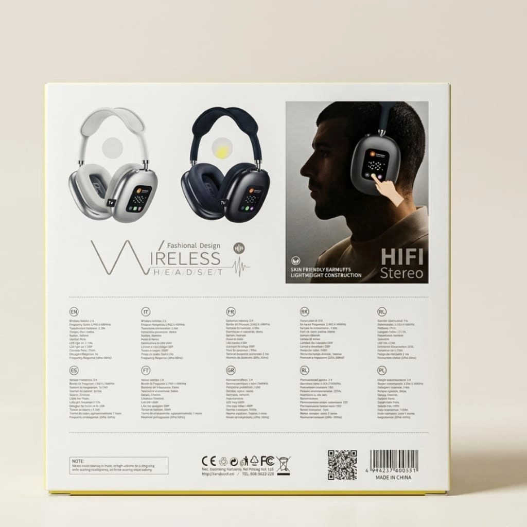 Andowl Q-EM60 Wireless Over-Ear Headphones with LED Battery Display, Super Bass, and Bluetooth 5.4 connection.