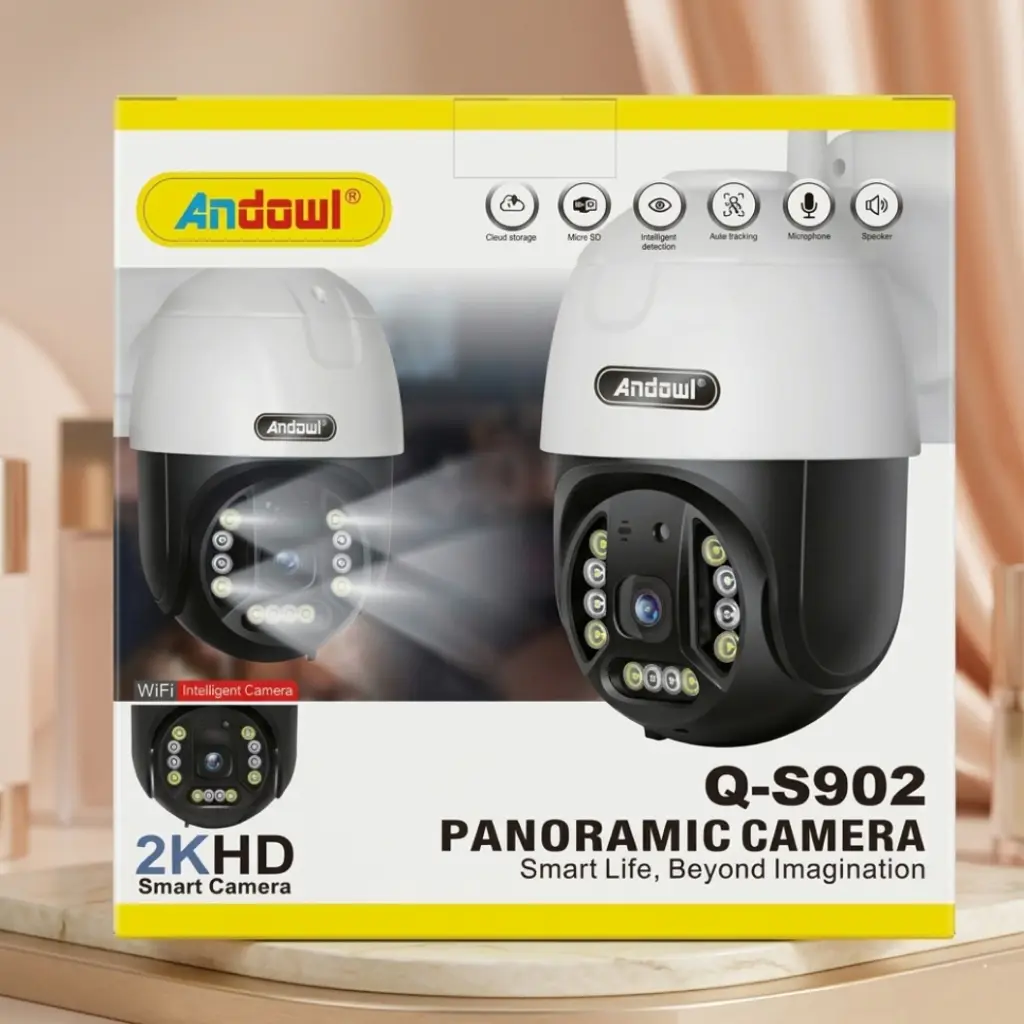 Close-up of Andowl Q-S902 PTZ Camera lens showing IR LEDs for clear night vision.