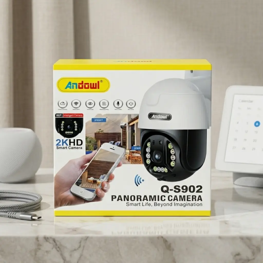 Andowl Q-S902 PTZ Camera main retail box displaying 2K HD outdoor smart security features.