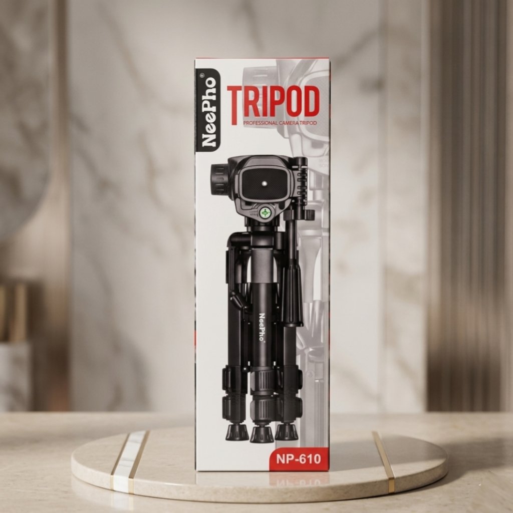 Authentic retail packaging box for NeePho NP-610 professional camera tripod for content creators in South Africa.
