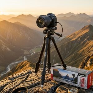 Black NeePho NP-610 professional tripod fully extended on a studio background for South African videographers.