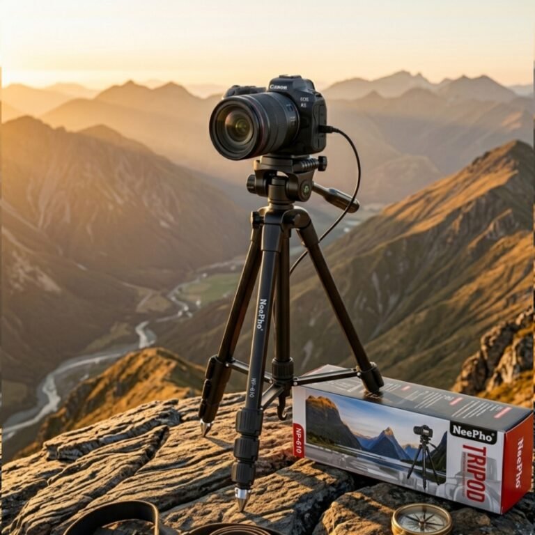 Black NeePho NP-610 professional tripod fully extended on a studio background for South African videographers.