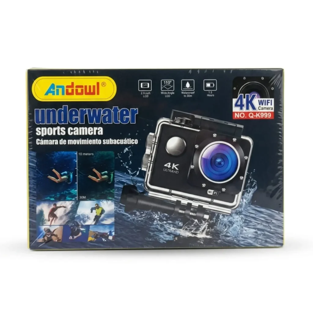 Macro shot focusing on the 4K Ultra HD logo displayed on the front of the Andowl action camera.