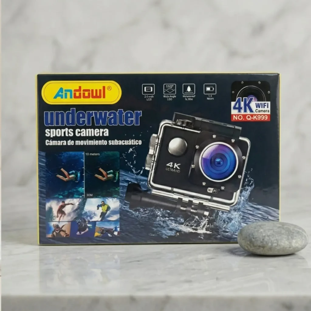 Close-up of the Andowl Q-K999 camera securely sealed in its 30-meter waterproof diving housing.