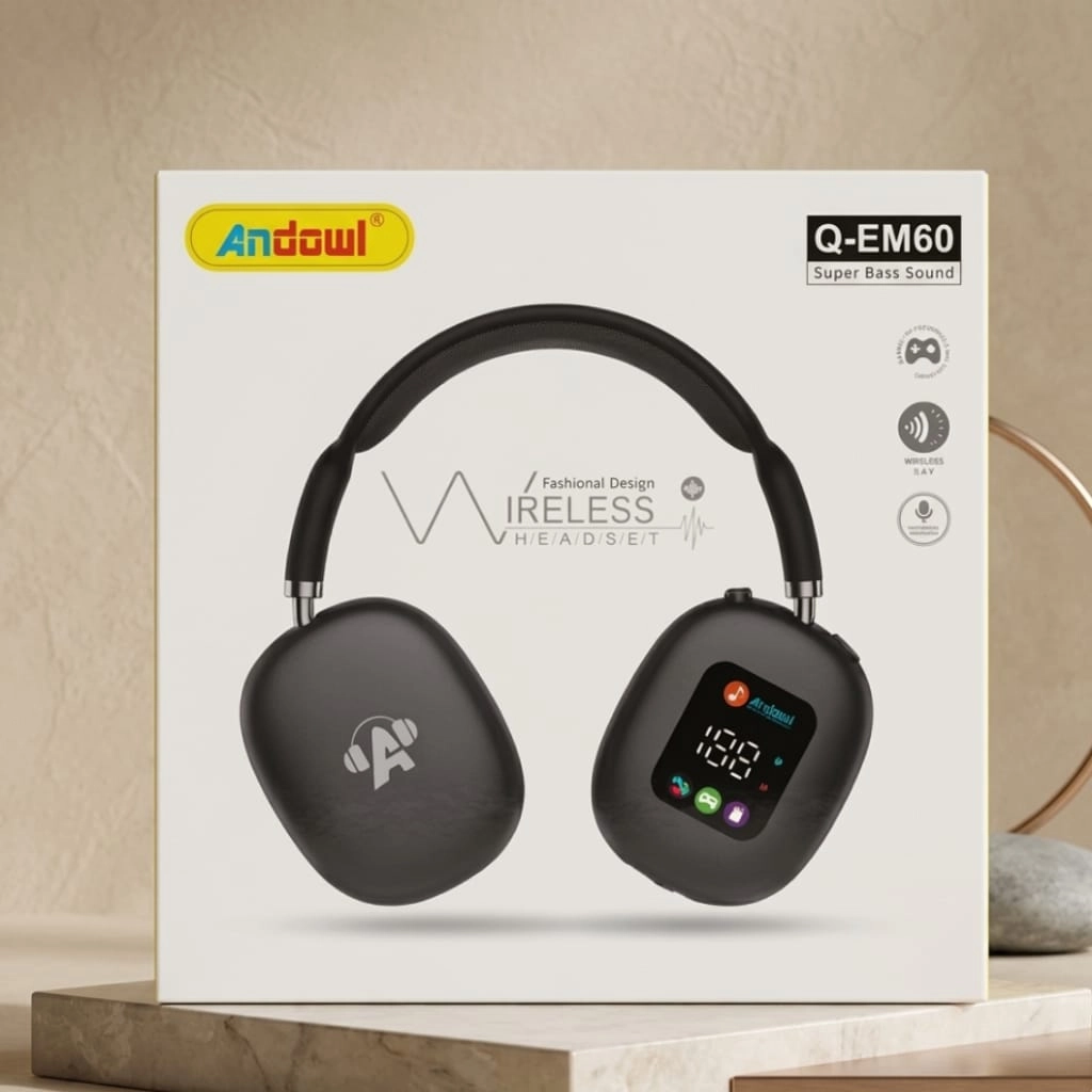 Andowl Q-EM60 Wireless Over-Ear Headphones with LED Battery Display, Super Bass, and Bluetooth 5.4 connection.