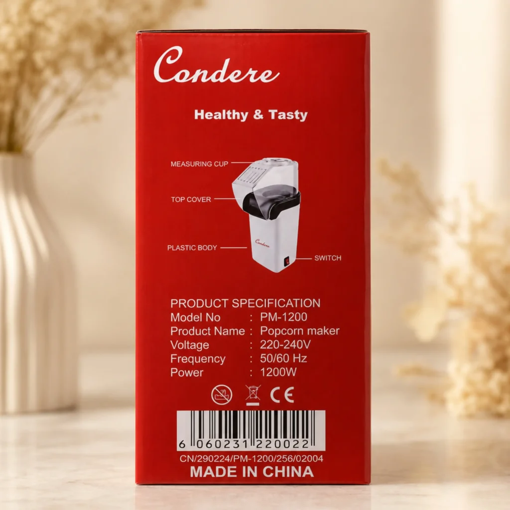 Condere popcorn maker product specifications side view